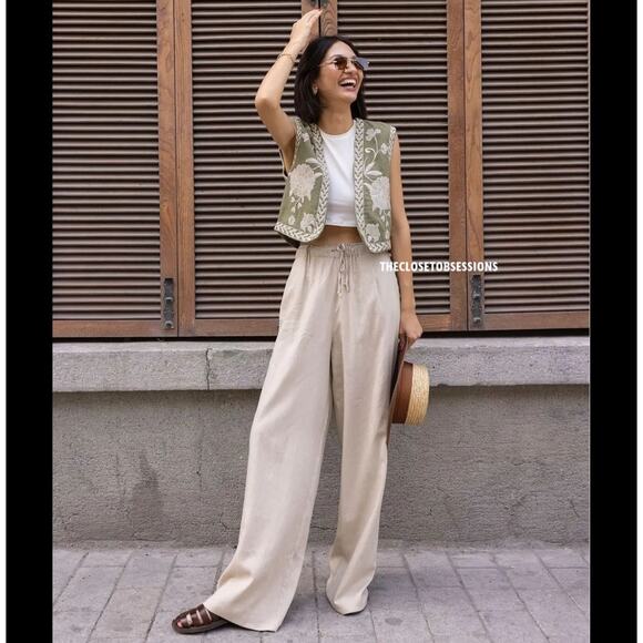 ZARA Embroidered Vest NWT | Khaki Open-Front Waistcoat Boho Chic M/L - Picture 7 of 16